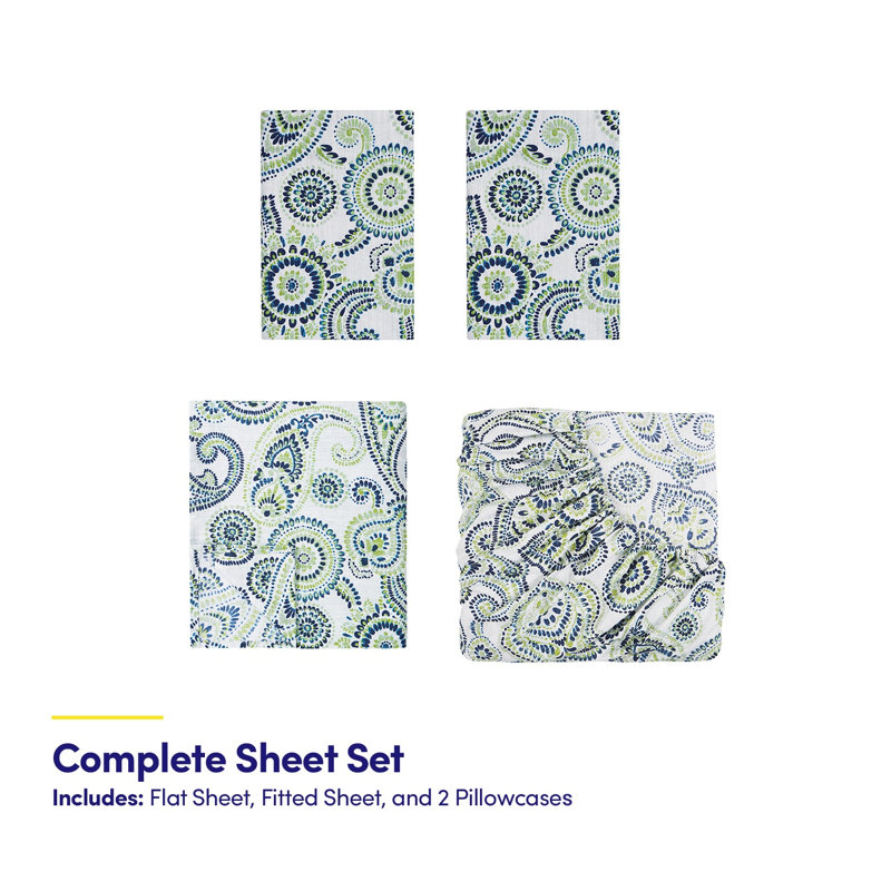 Printed Double Brushed Microfiber Bed Sheet Set, Modern Paisley, Full Sheet Set with 2 Pillowcases