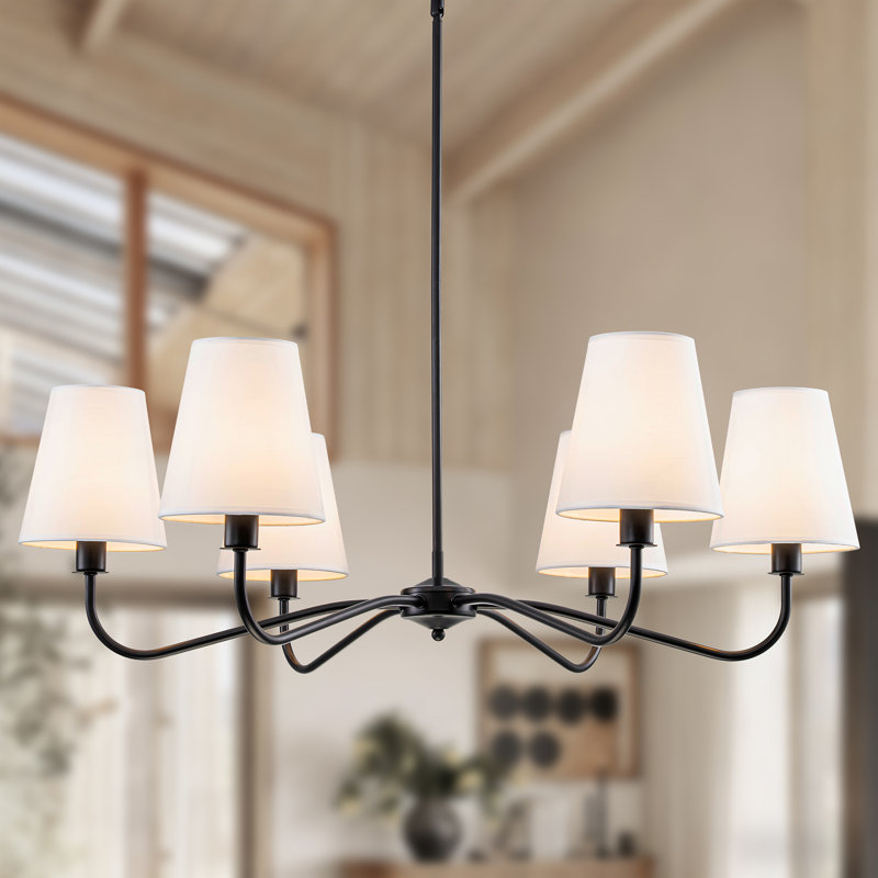 36”w Classic Chandelier With White Linen Shades, Matte Black