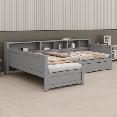 Lit de jour double en L en bois avec tiroirs et tablettes de rangement, cadre de lit d'angle peu encombrant