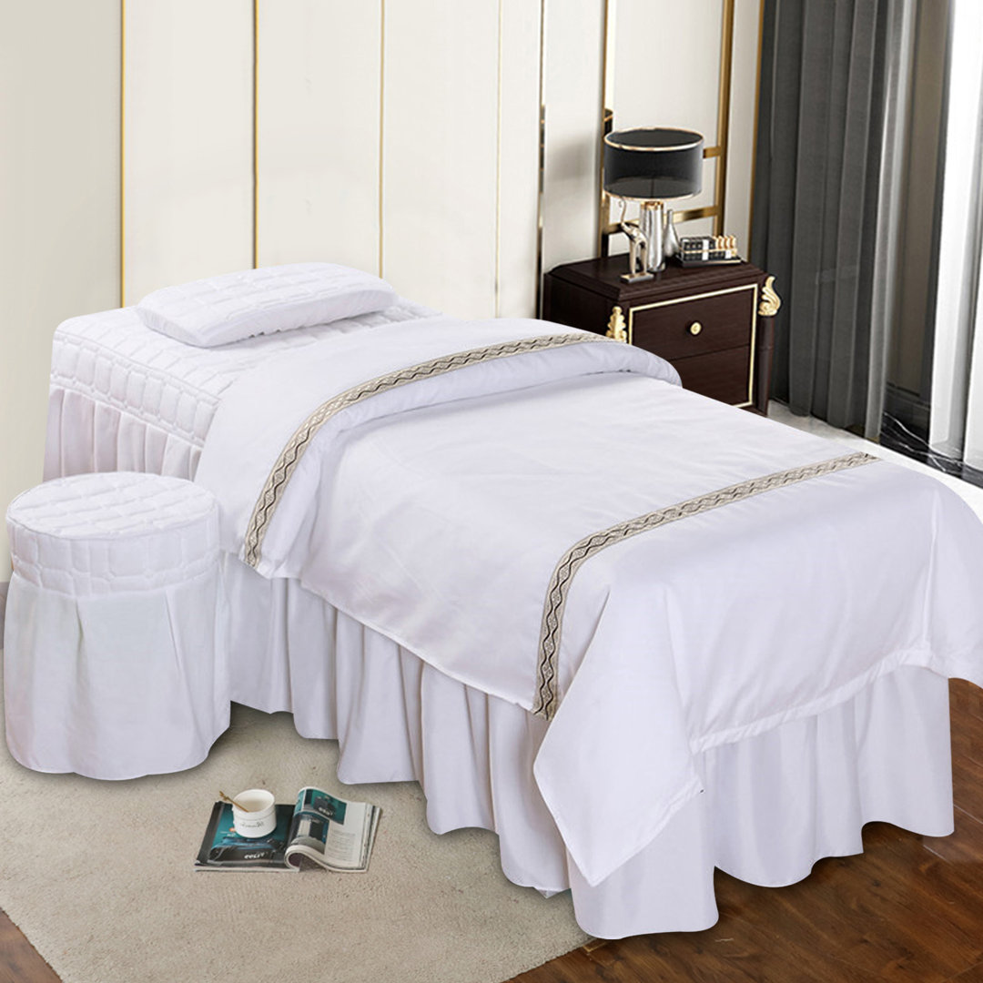 1 Set Massage Spa Skirt Bed Valance Sheet + Pillow Case + Stool & Quilt Cover For Spa Room 185x70cm White CNCEST