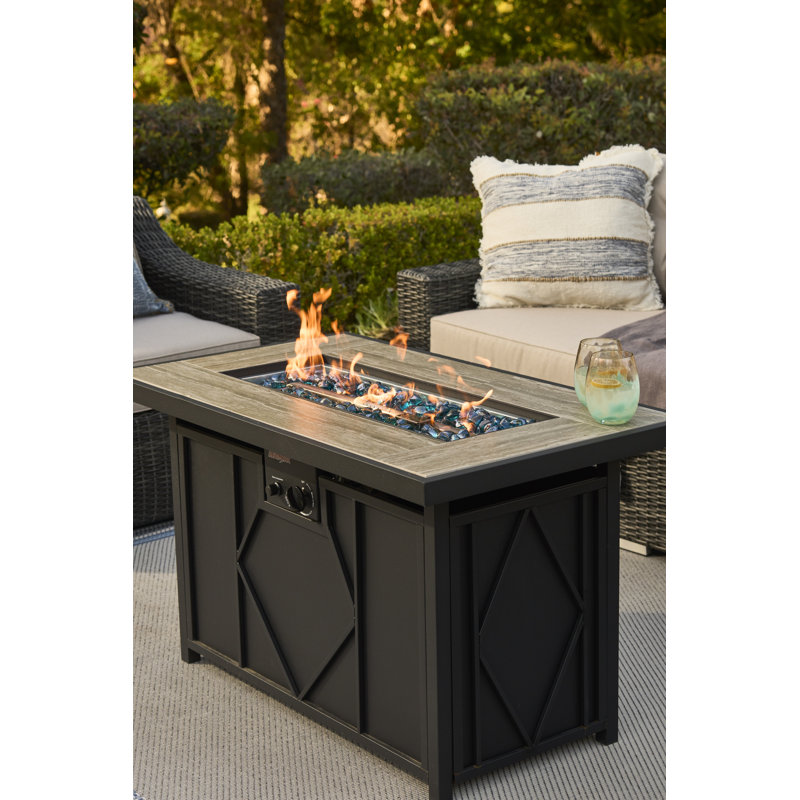 Rectangular Black Steel and Tile Propane Fire Pit Table