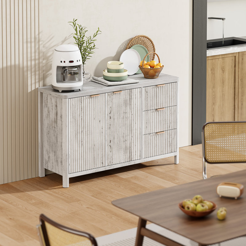 Fluted Storage Cabinet 2 Door with Drawer & Adjustable Shelf, Light Gray