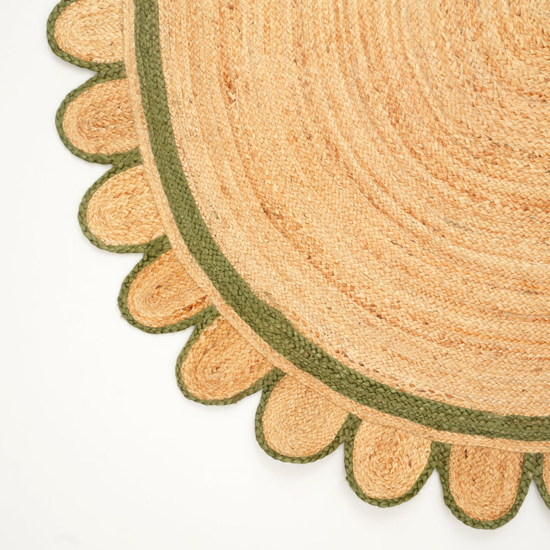 Tapis ovale en jute naturel à bords festonnés, Naturel / Vert, 10 pi x 8 pi