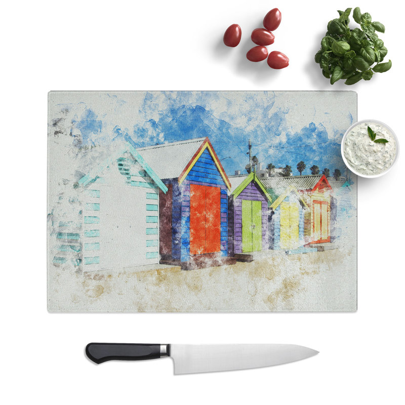Colourful Beach Huts Watercolour Chopping Board, 0.4cm H x 20cm W x 28.5cm L