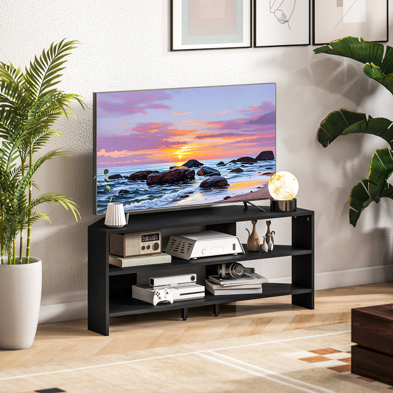 Meuble télé d'angle pour téléviseur de 47 po, console avec 2 tablettes ouvertes, noir