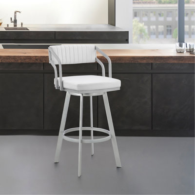 26" Swivel White Faux Leather And Silver Metal Bar Stool