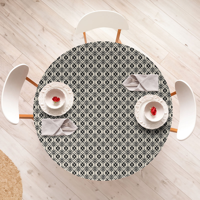 Bungalow Rose Trellis Fitted Round Tablecloth Eggshell Charcoal Grey, 51.97" Round