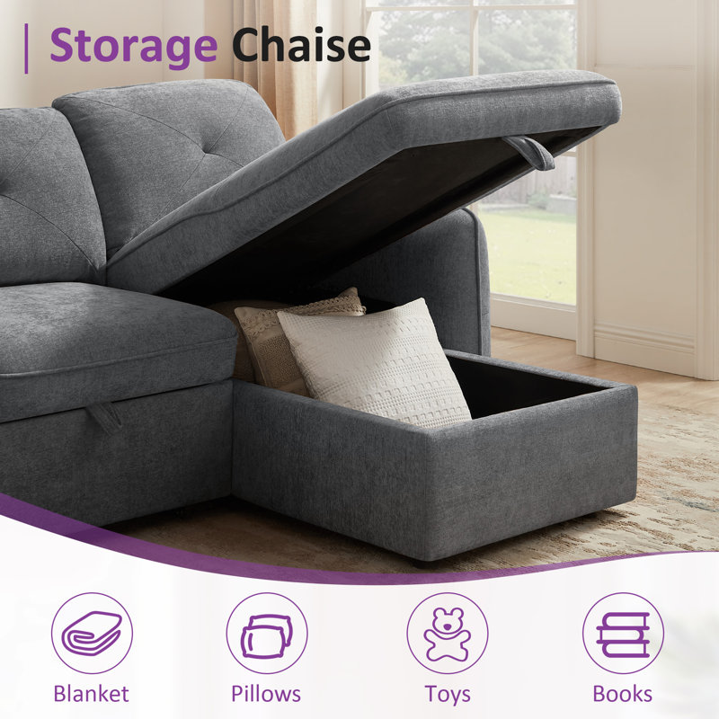 90.9'' L-Shaped Pull-Out Sofa Bed, Gray Polyester