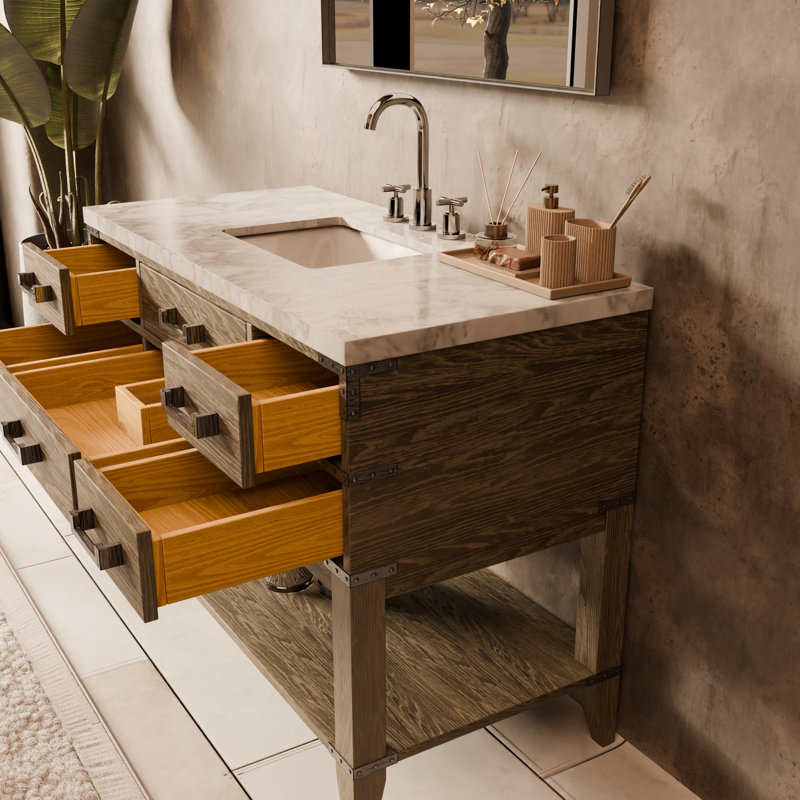 Meuble-lavabo simple en chêne brun 48 po X P 22 po D, comptoir en marbre de Carrare, ensemble de robinet et Miroir