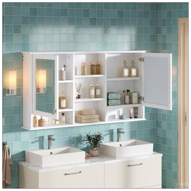 Armoire murale 55 po 2-en-1 avec tablettes réglables, charnières à fermeture en douceur, miroirs haute définition, pour meuble-lavabo, salon, rangement de chambre à coucher