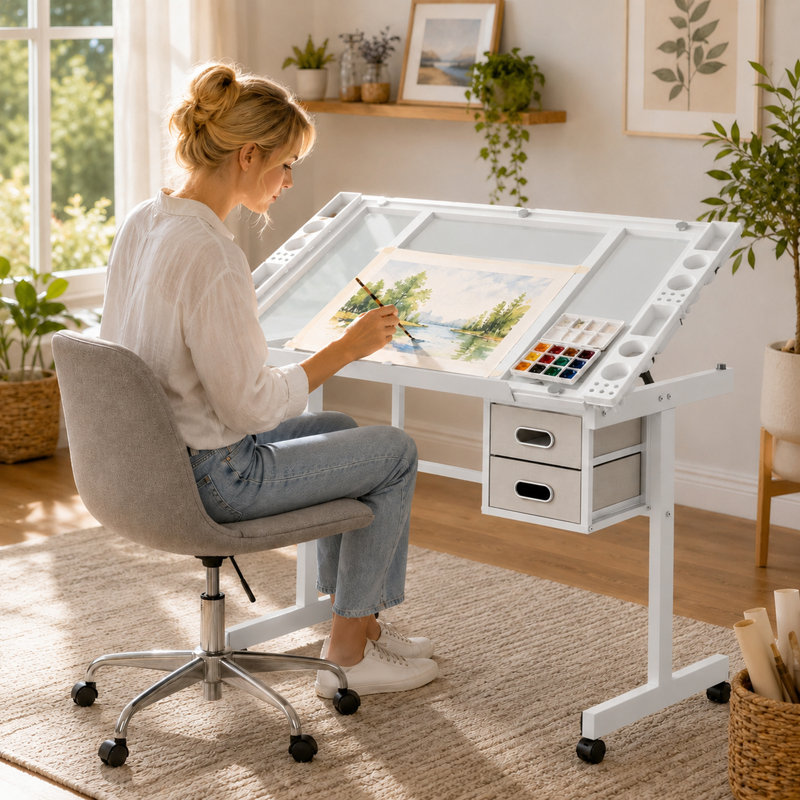 Bureau de dessin réglable avec 2 tiroirs en tissu et 4 roulettes, Bois naturel / blanc