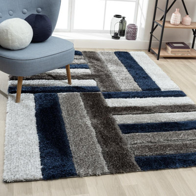 Tapis tissé à la machine à motif géométrique rectangulaire bleu / gris Lantanas