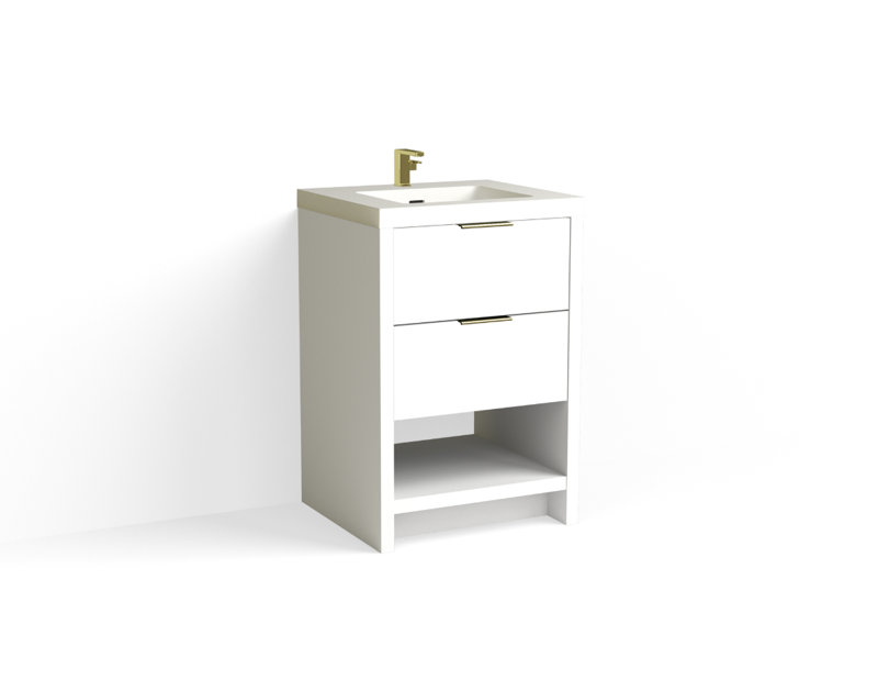 Vue 24" W Freestanding Single Bathroom Vanity, Glossy White/Single, White Nanomatte, Satin Brass