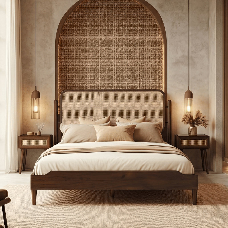 Ariston Queen Platform Bed with Handwoven Natural Rattan Headboard – Walnut Veneer, Solid American Walnut Legs, Relaxed Luxury Design, Silent Slats, Effortless Assembly, Queen – Dark Walnut