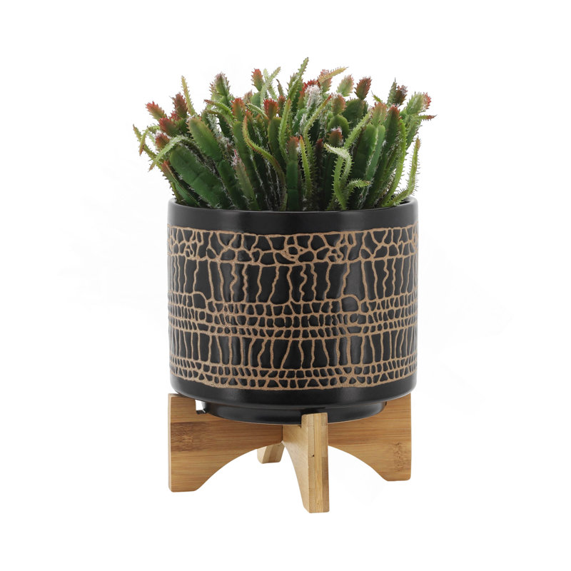 S/2 5/8" GLAZED PLANTER W/ STAND, BLACK