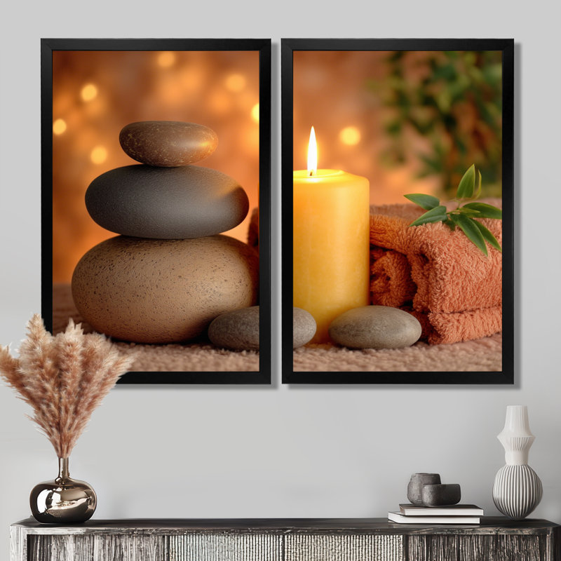 Élégant spa relaxant, art mural en bambou, impression sur toile jaune asiatique, 2 pièces, H 36 po x l 48 po, Noir