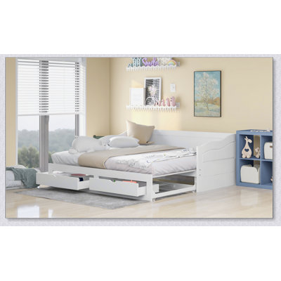 Wooden Daybed With Trundle Bed And Two Storage Drawers, Extendable Bed Daybed
