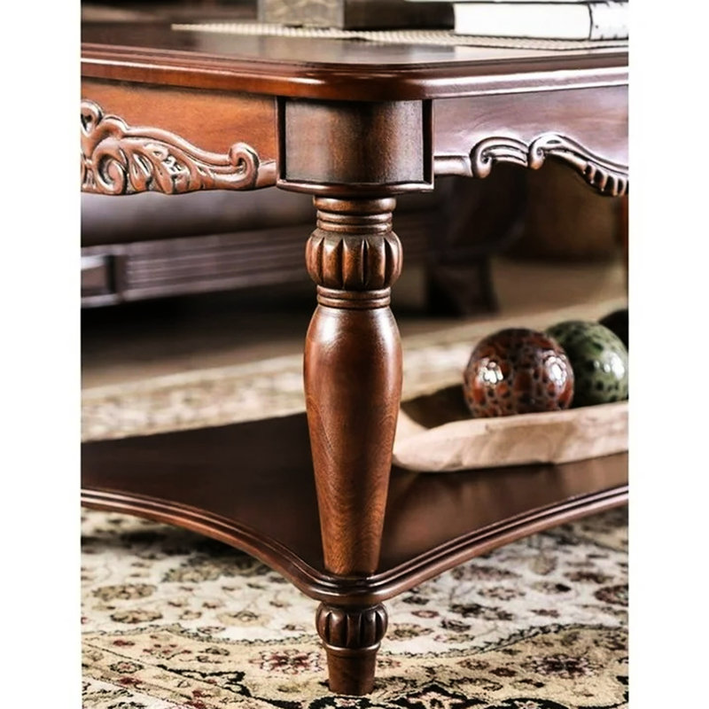 Table basse 3 pièces au design traditionnel avec pieds tournés, tablette ouverte et bois massif teinté cerise pour le salon
