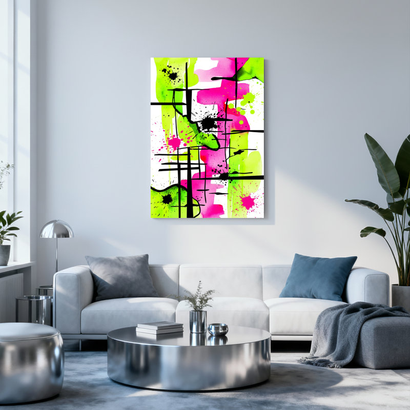 Ensemble de 1 tableau abstrait coloré avec éclaboussures et lignes, H 40 po x l 28 po