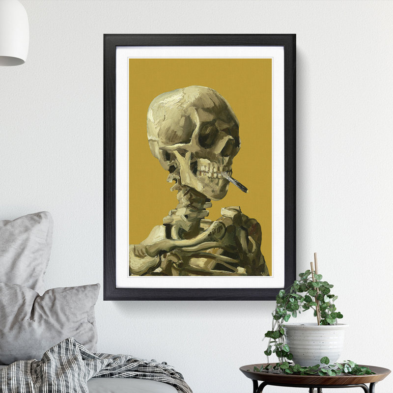 Mustard Skull of a Skeleton with Cigarette by Vincent Van Gogh - Picture Frame Painting on MDF, Black Framed