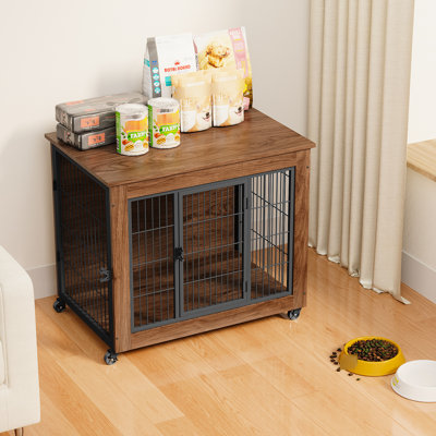 Cage pour chien double porte 32,5 po robuste pour petits chiens, meuble d'intérieur en métal et bois avec table d'appoint, pour chiens anxieux, facile à déplacer et à aérer, en acier brun, assemblage sécurisé.