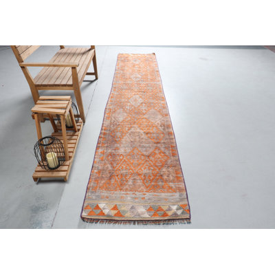 Vintage Turkish Herki Runner Rug in Vibrant Orange - Ideal for Hallway Home Decor
