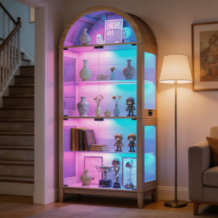 Glass Door Display Cabinet, Arched Display Cabinet With Rgb Lights, For Collectibles, 5-Layer High Display Shelf With Motion Sensor, Suitable For Living Room Display Cabinet