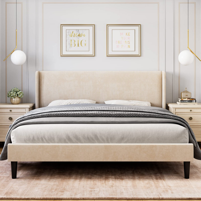Structure de lit double avec repose-tête et à oreilles, lit plateforme tapissier en velours avec 2 poches de rangement, support de lattes en bois robuste, aucun sommier requis, assemblage facile, beige