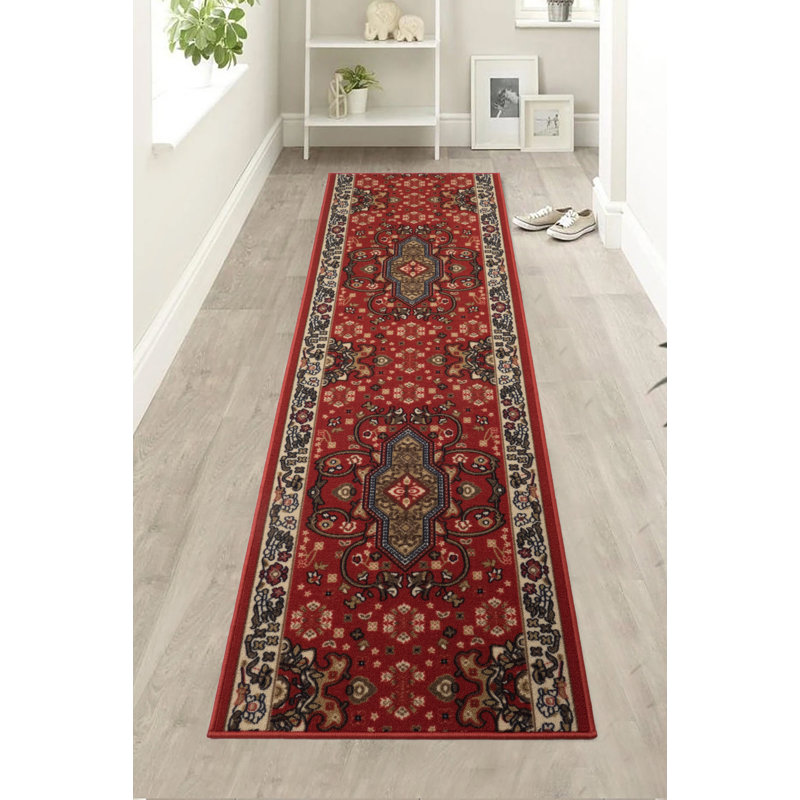 Custom Size Runner Rug Red Oriental Medallion Slip Resistant Backing Low Pile Rug Runners By Feet, Runner 2'2" x 40'