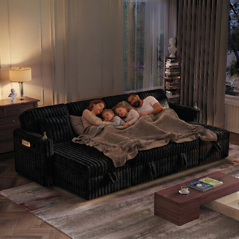Très grand canapé-lit modulaire en U 107 po avec lit escamotable et chaises de rangement doubles, 107 po, noir, Noir