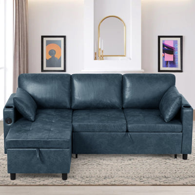 84" Reversible Sectional Pull-Out Sofa Bed With Adjustable Backrest,Suede Leather Modern L-Shape Sofa With Storage Chaise, 3-Seat Convertible Couch Wi by Ebern Designs