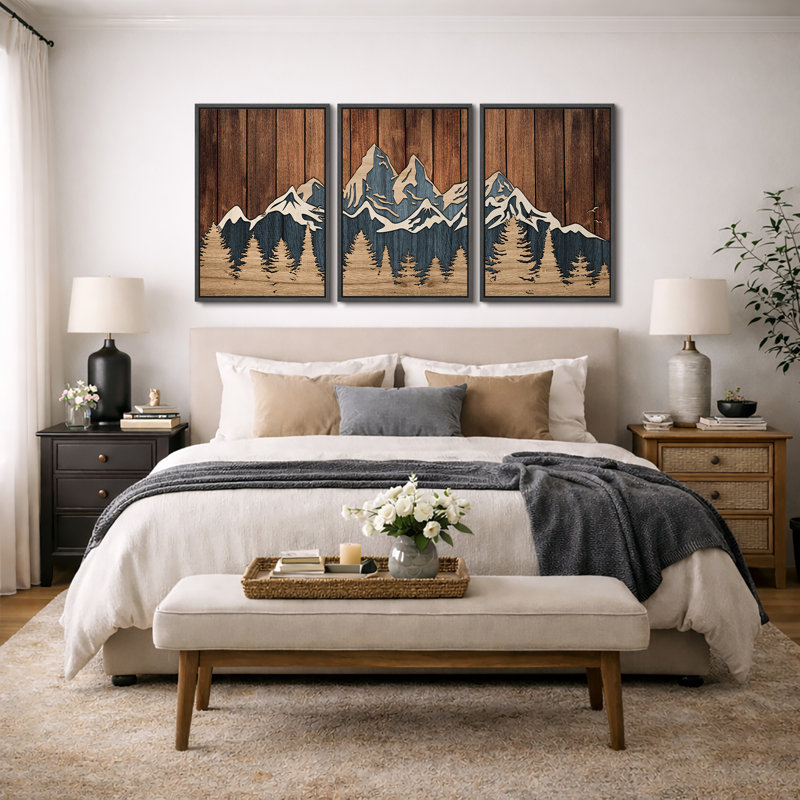 «Western Wood Effect Landscape», œuvre d'art de la forêt de montagne abstraite brune, images murales de cabane de ferme rustique, ensemble de 3 impressions sur toile encadrées