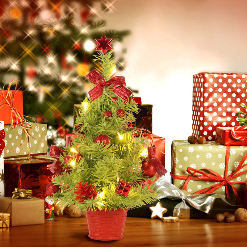 Petit arbre de Noël 45 cm avec lumières, mini arbre de décoration de bureau, 2 piles AA non incluses, Rouge