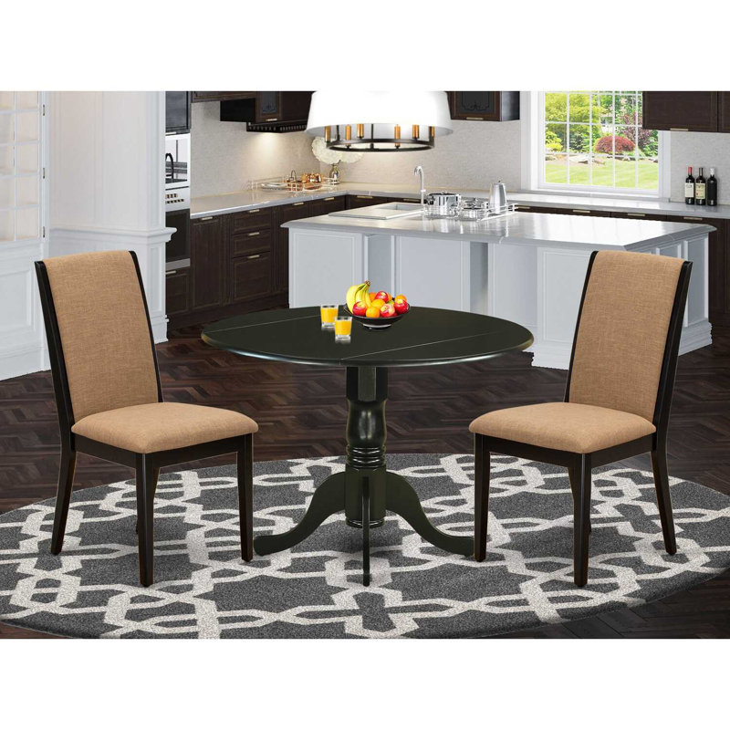 3 Piece Dining Table Set Contains a Round Dining Room Table with Dropleaf and 2 Light Sable Linen Fabric Upholstered Chairs, 42x42 Inch, Black