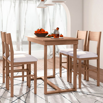5 tables de salle à manger rectangulaires avec 4 chaises rembourrées pour les petites pièces, hauteur comptoir, structure brune, pieds en bois massif, hauteur 1 et zones arrière, finition,