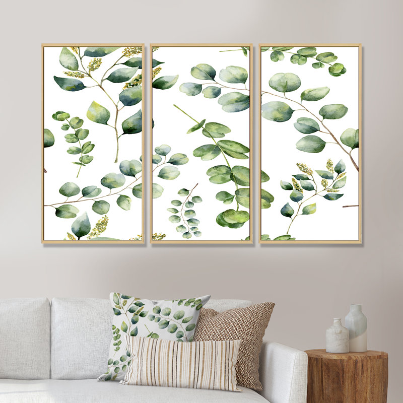 Green Eucalyptus Branches III - ensemble d'art mural sur toile traditionnel encadré 3, H 32 po x l 48 po x P 1 po, Brun