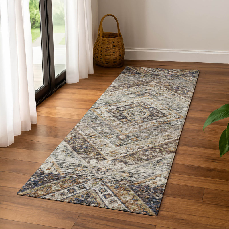 Premium Machine Washable Mayfield AMF2195 geometric Rug, 2'3" x 7'6" Runner, Brown