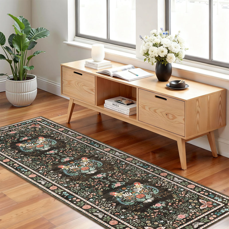 Tapis à poils longs lavable à la machine avec motif tigre et antidérapant, Brun, Rectangle 9' x 12'