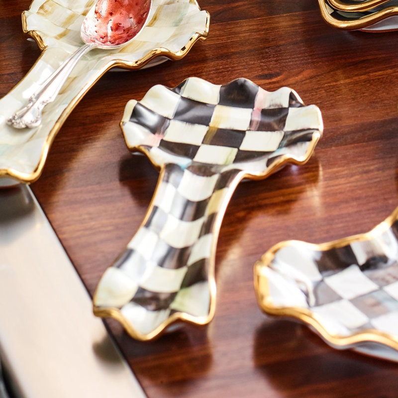 Courtly Check Hand-Painted Ceramic Spoon Rest with Gold-Lustre