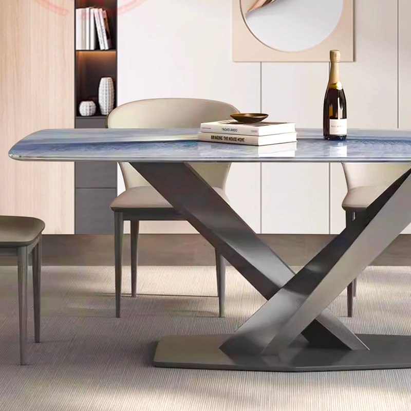Table de salle à manger moderne en pierre supercristalline avec base en métal en forme de X