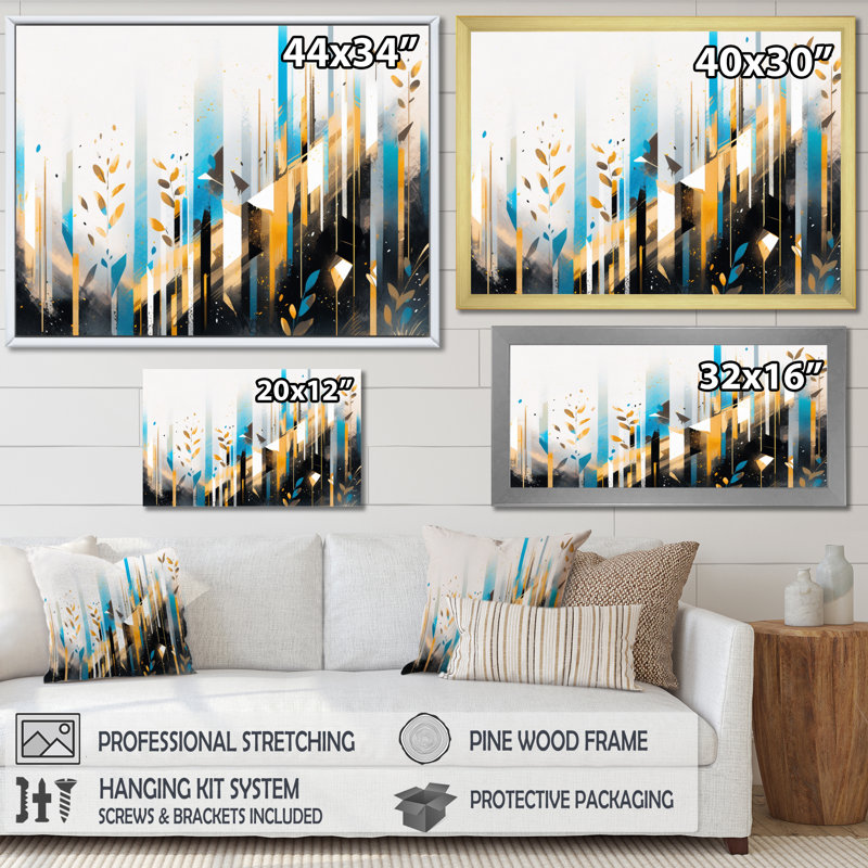 Abstrait symétrique turquoise et or, Cadre flottant doré, H 30 po x l 40 po x P 1,5 po