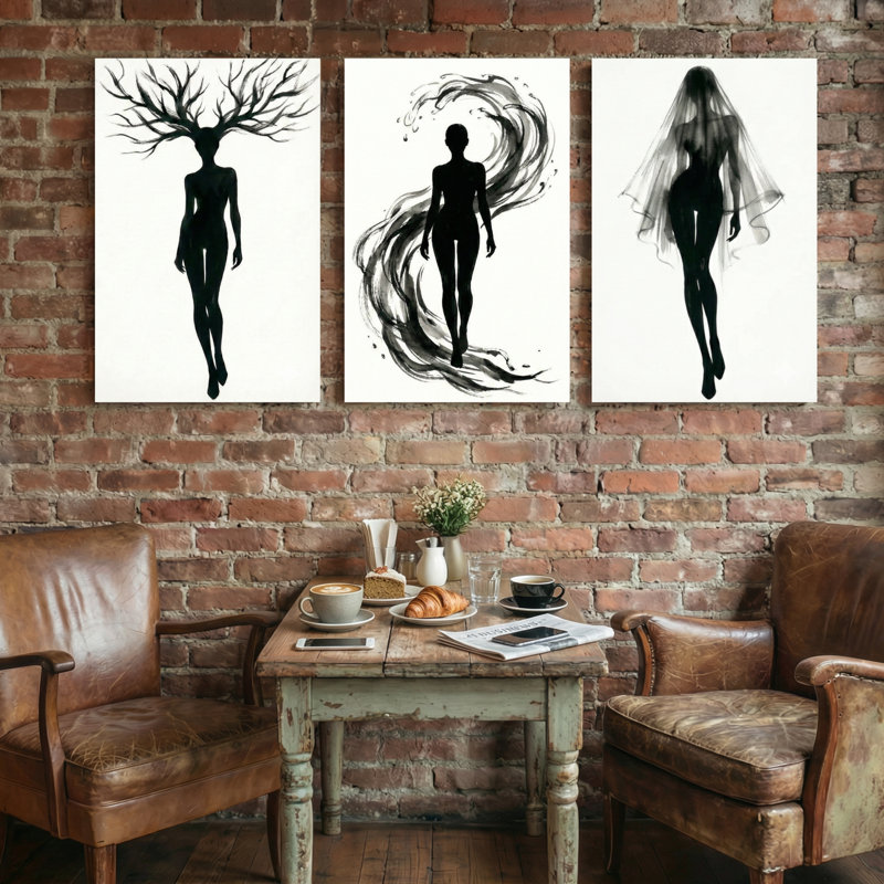 Silhouette abstraite femme arbre, voile de vent, ensemble de 3 impressions sur toile, H 18 po x l 36 po