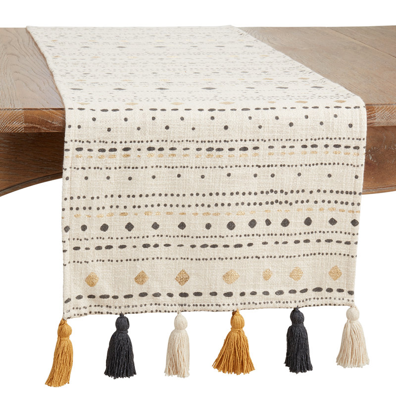 Multicolored Cotton Table Runner with Tassels and Geometric Design