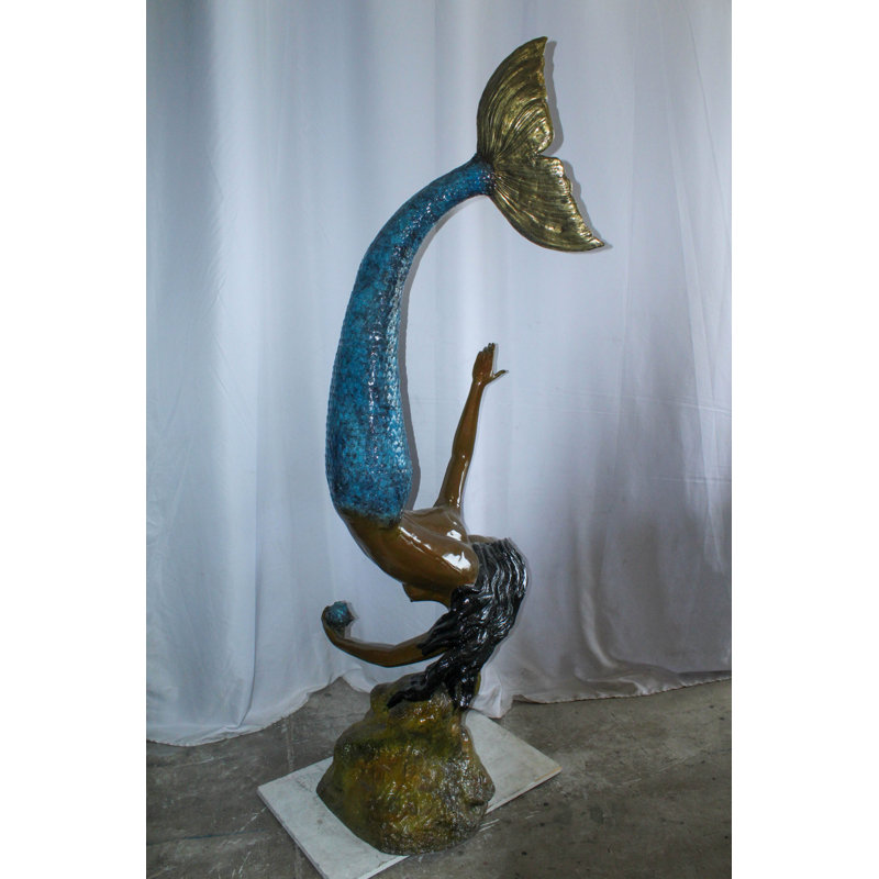 Grande statue de fontaine sirène en bronze avec queue bleue 37 po x 30 po x H 85 po
