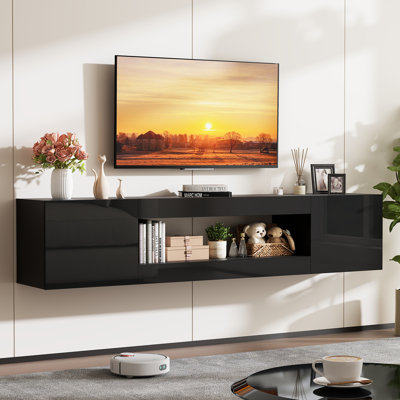 Meuble télé flottant, meuble télé mural, console de divertissement ultrabrillante - console multimédia moderne pouvant accueillir un téléviseur de 65 à 80 pouces pour le salon / la chambre à coucher