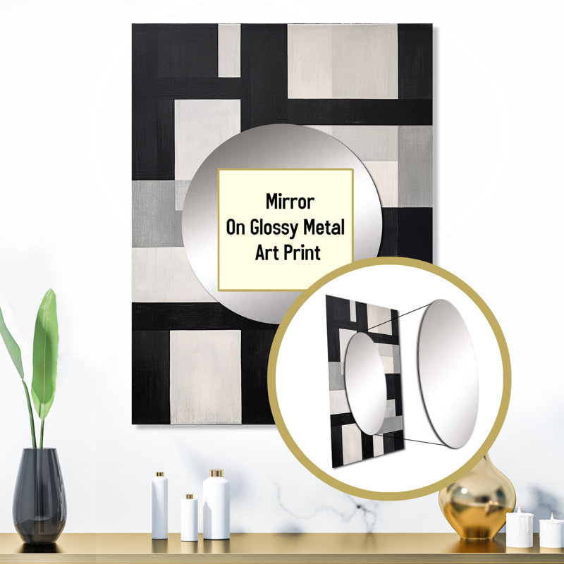 Noir et blanc Cuboids Dream I - miroir décoratif de formes abstraites, miroir mural moderne, impression d'art en métal