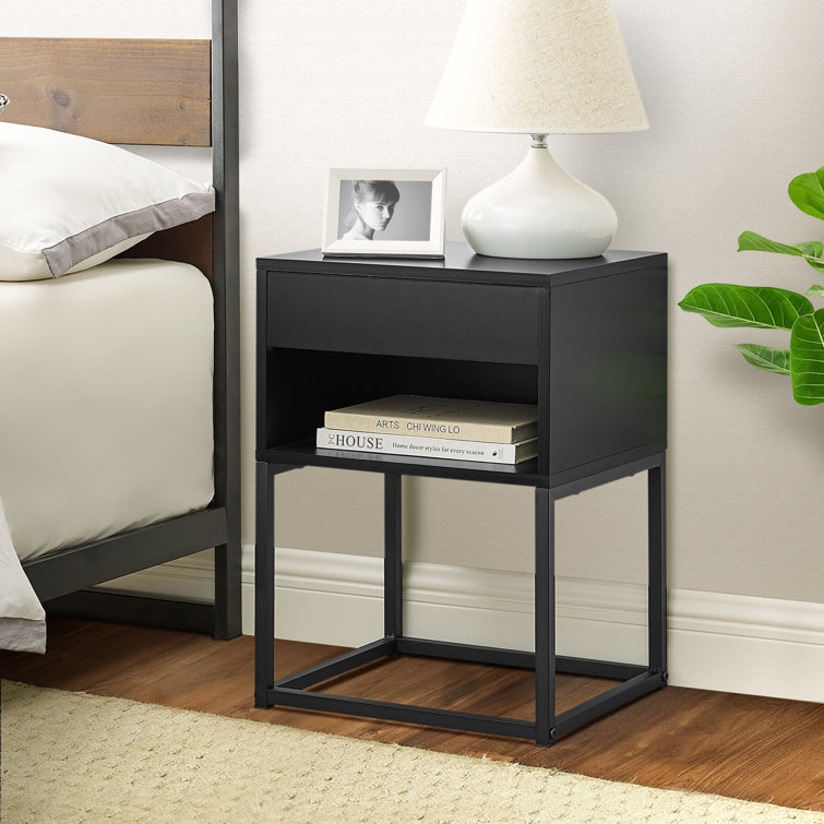 Nightstand with 2 Drawers, Modern End Table with Metal Legs Wood
