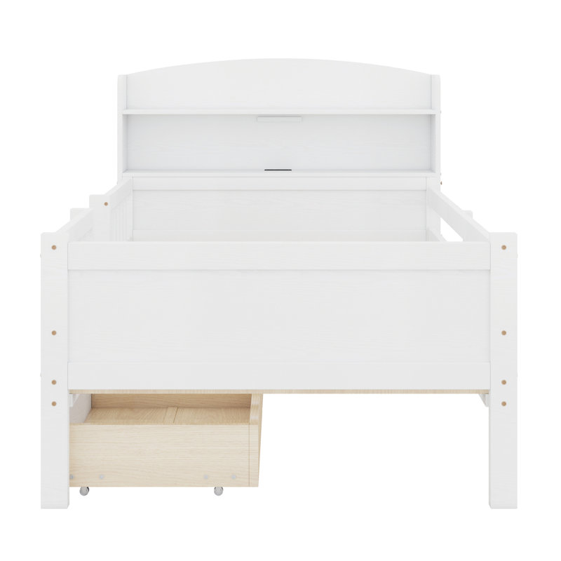 Wood Platform Bed With Built-In LED Light, Multi-Functional Headboard, Guardrail And 2 Drawers, White