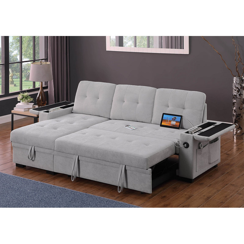 Aurora II 84"W Gray Woven Fabric Reversible Sleeper Sectional Sofa With Storage Chaise, Storage Arm, Cup Holder, Charging Ports, Side Pockets, And Pocket Coil Seating