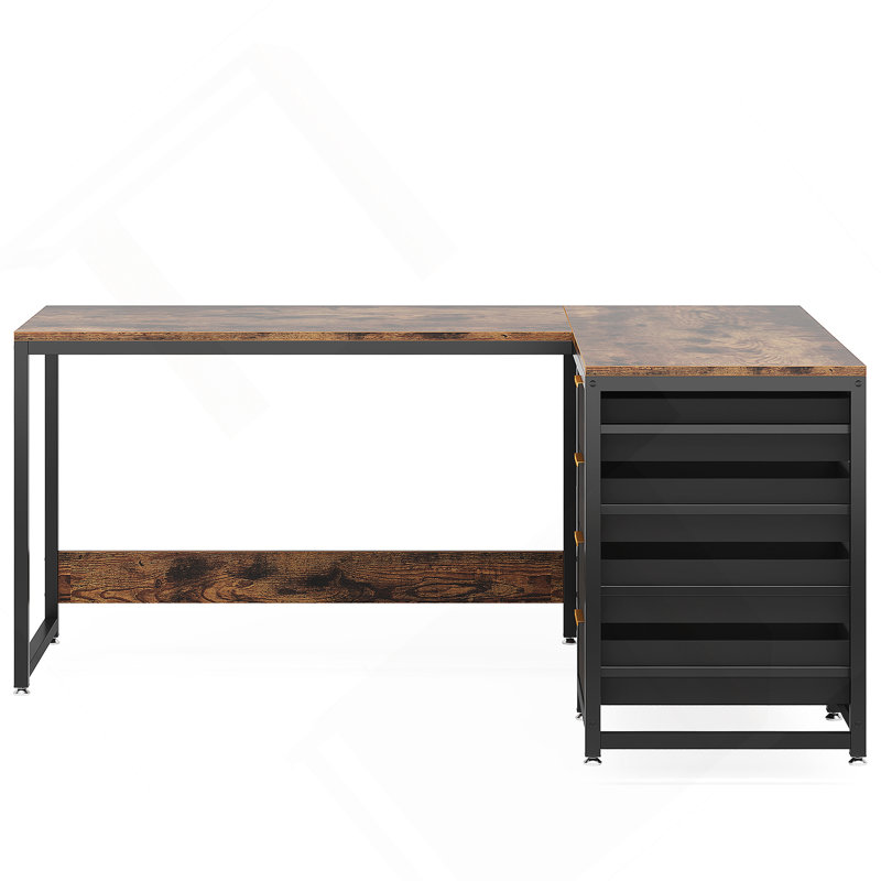 Bureau d'ordinateur en L 59 po avec tiroirs et tablettes de rangement, poste de travail de coin réversible, bureau d'écriture pour bureau à domicile, design industriel brun rustique